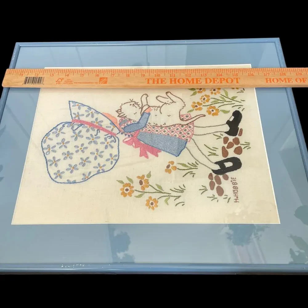 Holly Hobbie Crewel Embroider Art Matte Blue Metal Frame Needlework Vtg READ